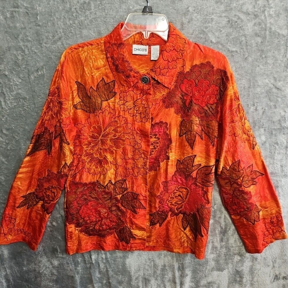 Chico's Women's Sz 1 (M) Silk Organza Orange Leaf Floral Blazer button up Embroi